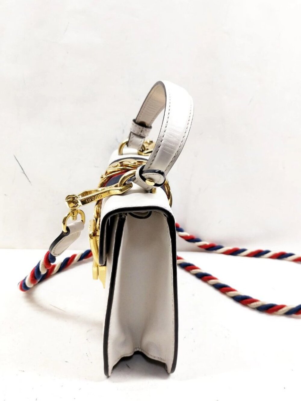 Authentic Gucci Sylvie Mini Top Handle White Leather Web Stripe Chain Crossbody - Picture 4 of 16